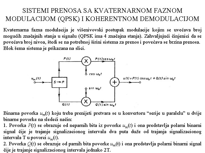 SISTEMI PRENOSA SA KVATERNARNOM FAZNOM MODULACIJOM (QPSK) I KOHERENTNOM DEMODULACIJOM Kvaternarna fazna modulacija je