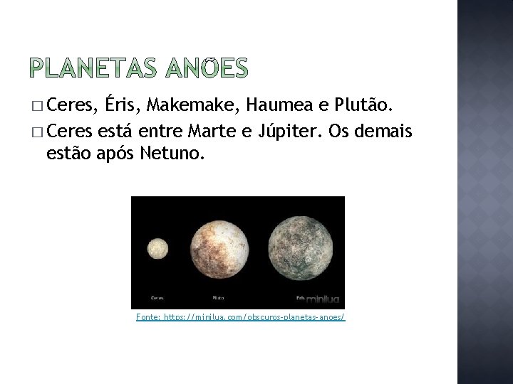 � Ceres, Éris, Makemake, Haumea e Plutão. � Ceres está entre Marte e Júpiter.