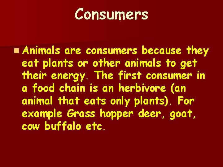 Consumers n Animals are consumers because they eat plants or other animals to get