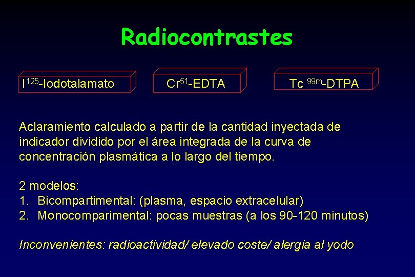 Radiocontrastes I 125 -Iodotalamato Cr 51 -EDTA Tc 99 m-DTPA Aclaramiento calculado a partir