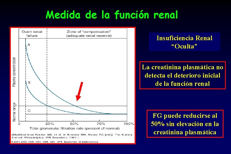 Medida de la función renal Insuficiencia Renal “Oculta” La creatinina plasmática no detecta el