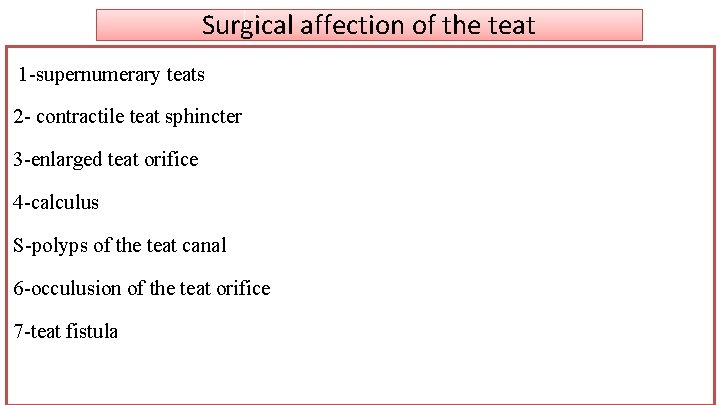 Surgical affection of the teat 1 -supernumerary teats 2 - contractile teat sphincter 3