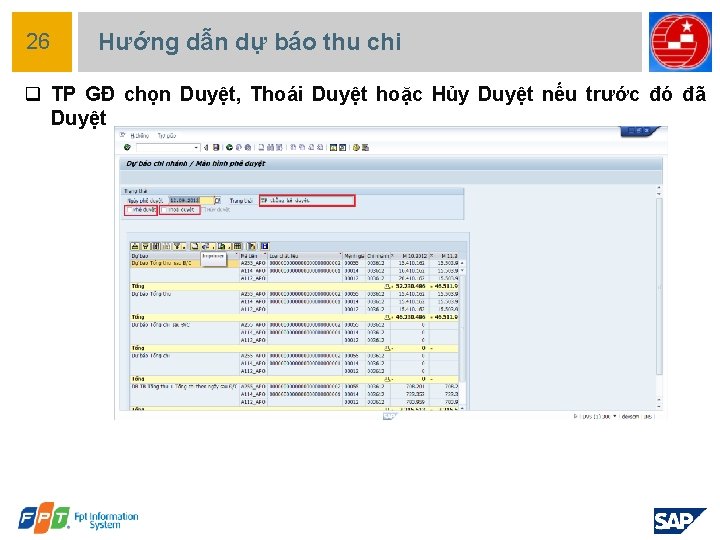 26 Hướng dẫn dự báo thu chi q TP GĐ chọn Duyệt, Thoái Duyệt