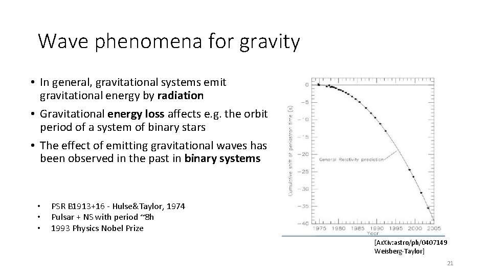 Wave phenomena for gravity • In general, gravitational systems emit gravitational energy by radiation