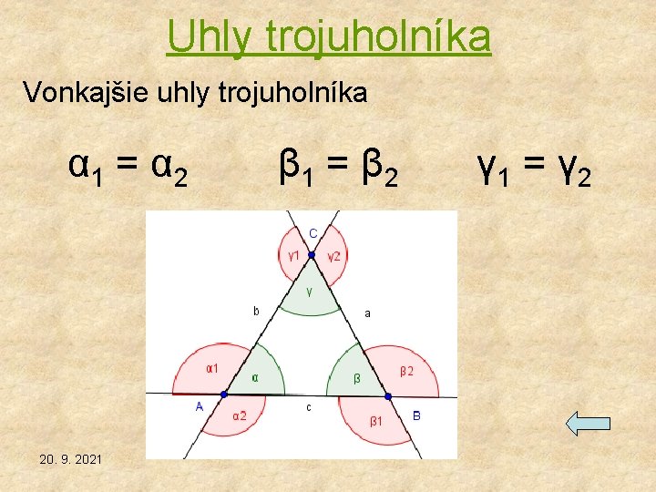 Uhly trojuholníka Vonkajšie uhly trojuholníka α 1 = α 2 20. 9. 2021 β