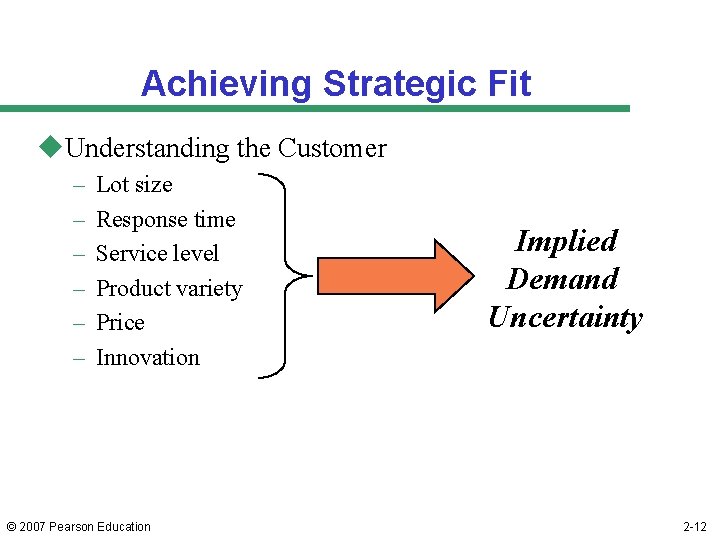 Achieving Strategic Fit u. Understanding the Customer – – – Lot size Response time