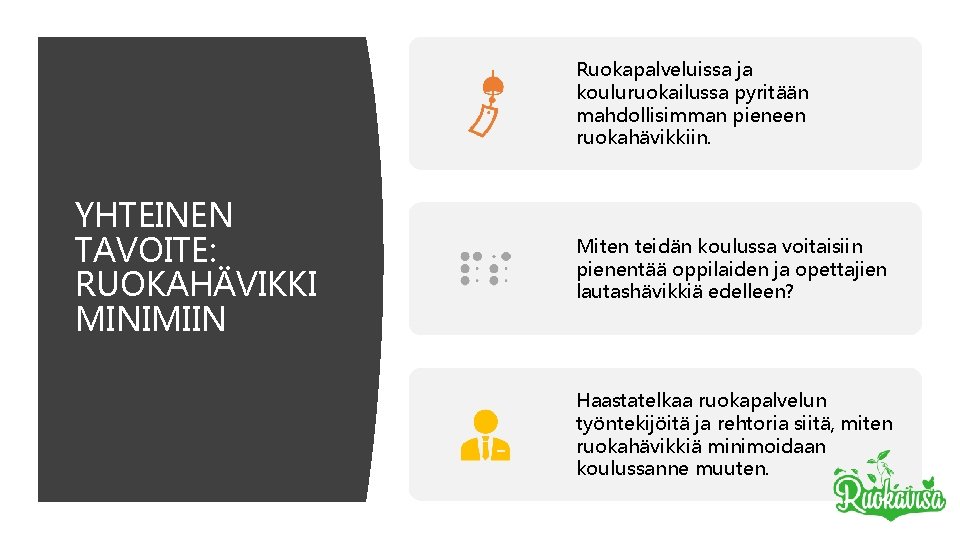 Ruokapalveluissa ja kouluruokailussa pyritään mahdollisimman pieneen ruokahävikkiin. YHTEINEN TAVOITE: RUOKAHÄVIKKI MINIMIIN Miten teidän koulussa