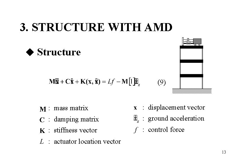 3. STRUCTURE WITH AMD Structure (9) : mass matrix : displacement vector : damping 3. STRUCTURE WITH AMD Structure (9) : mass matrix : displacement vector : damping