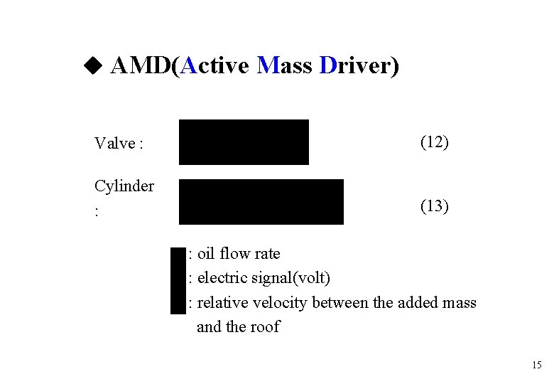 AMD(Active Mass Driver) Valve : (12) Cylinder : (13) : oil flow rate AMD(Active Mass Driver) Valve : (12) Cylinder : (13) : oil flow rate