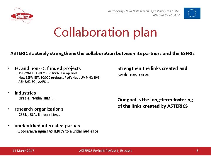 Astronomy ESFRI & Research Infrastructure Cluster ASTERICS - 653477 Collaboration plan ASTERICS actively strengthens