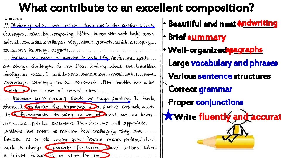 What contribute to an excellent composition? • Beautiful and neat andwriting h_____ • Brief What contribute to an excellent composition? • Beautiful and neat andwriting h_____ • Brief