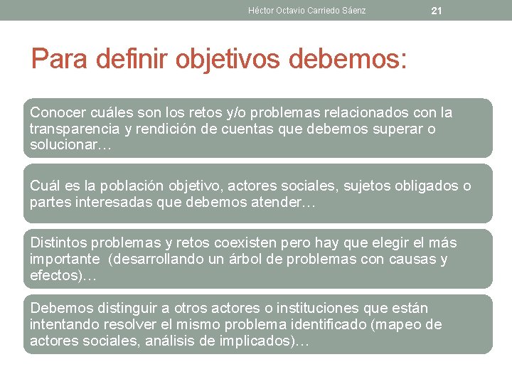 Héctor Octavio Carriedo Sáenz 21 Para definir objetivos debemos: Conocer cuáles son los retos