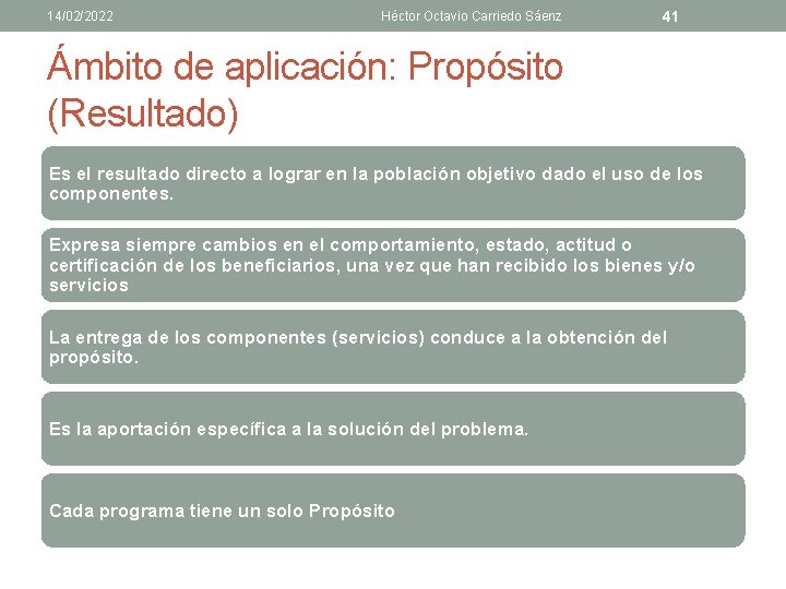 14/02/2022 Héctor Octavio Carriedo Sáenz 41 Ámbito de aplicación: Propósito (Resultado) Es el resultado