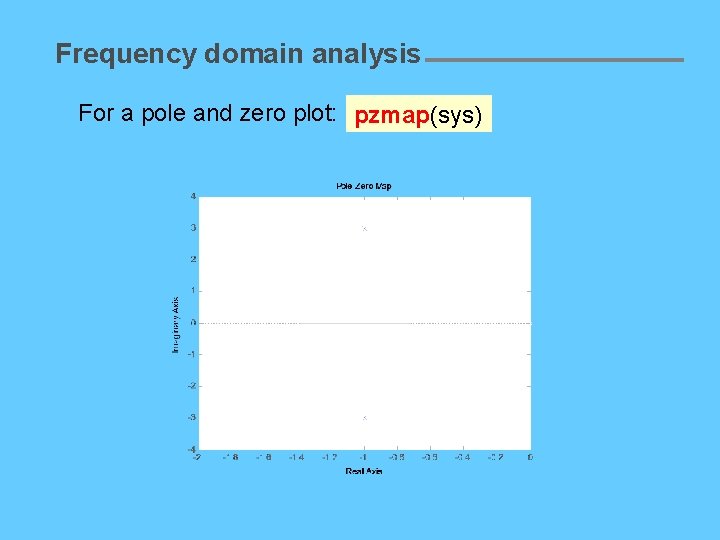 Frequency domain analysis For a pole and zero plot: pzmap(sys) 