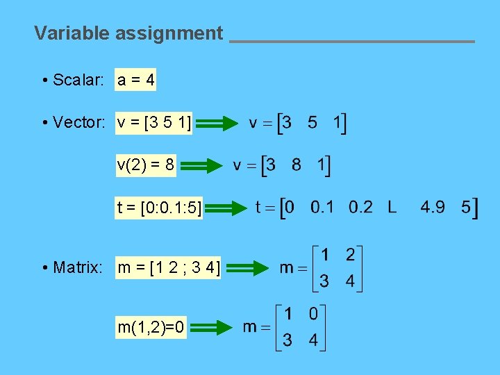 Variable assignment • Scalar: a = 4 • Vector: v = [3 5 1]