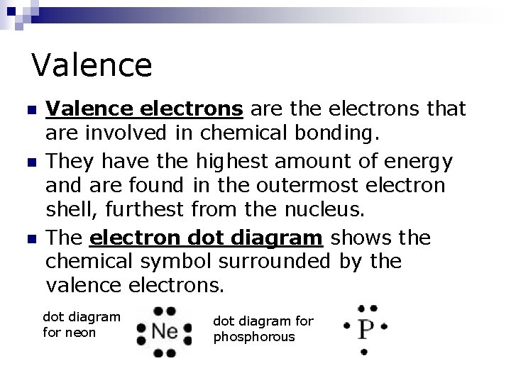 Valence n n n Valence electrons are the electrons that are involved in chemical