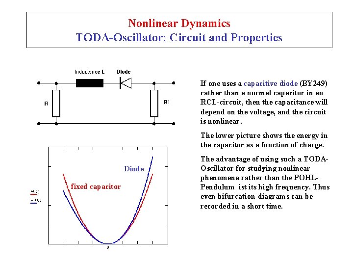 Nonlinear Dynamics TODA-Oscillator: Circuit and Properties If one uses a capacitive diode (BY 249)