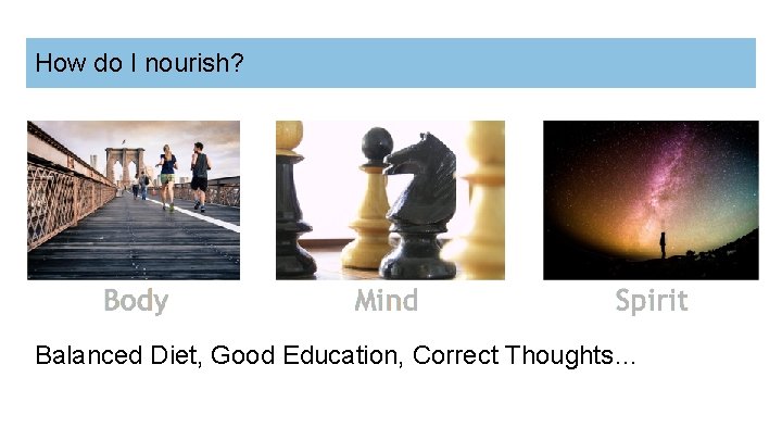 How do I nourish? Balanced Diet, Good Education, Correct Thoughts… 