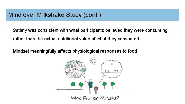 Mind over Milkshake Study (cont. ) Satiety was consistent with what participants believed they