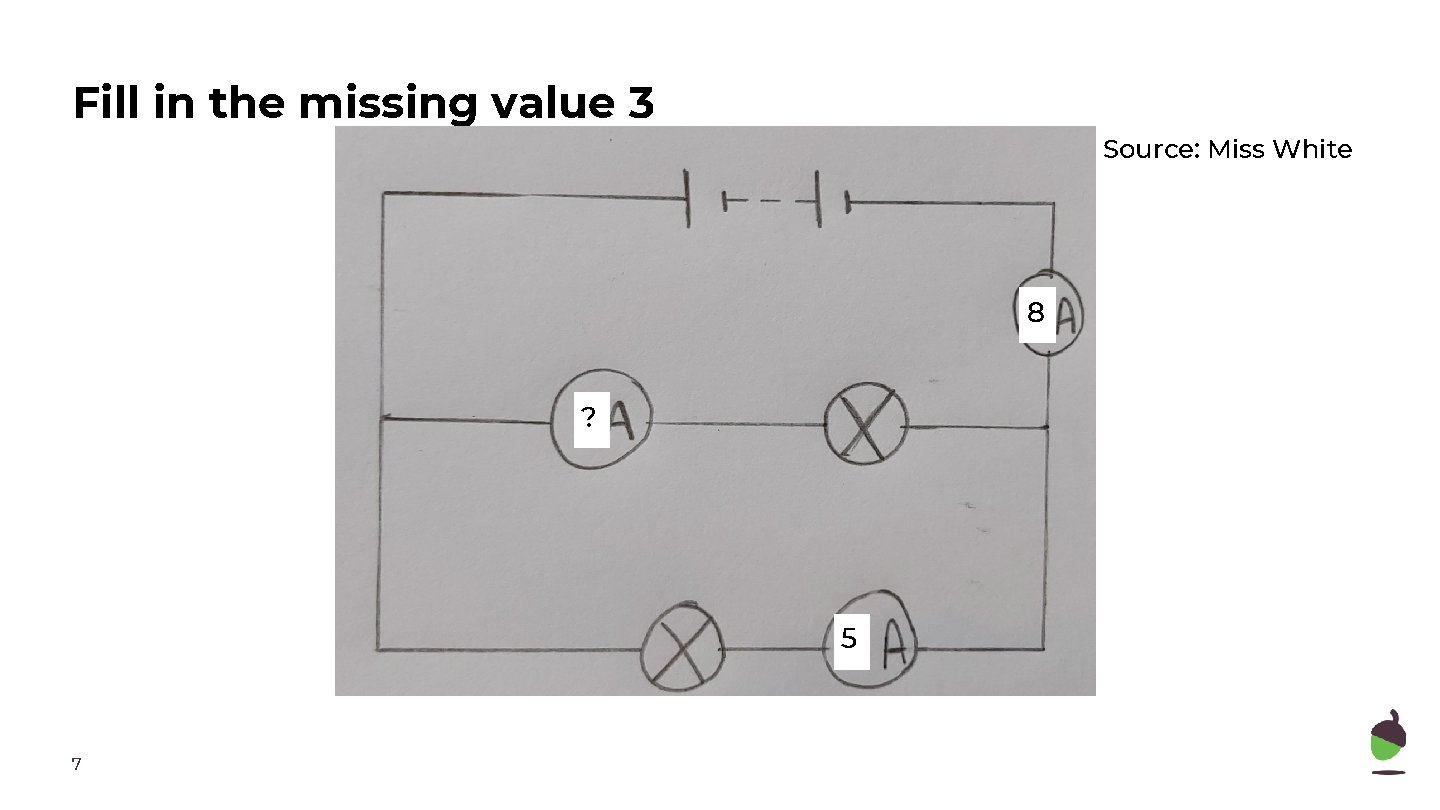 Fill in the missing value 3 Source: Miss White 8 ? 5 7 Fill in the missing value 3 Source: Miss White 8 ? 5 7