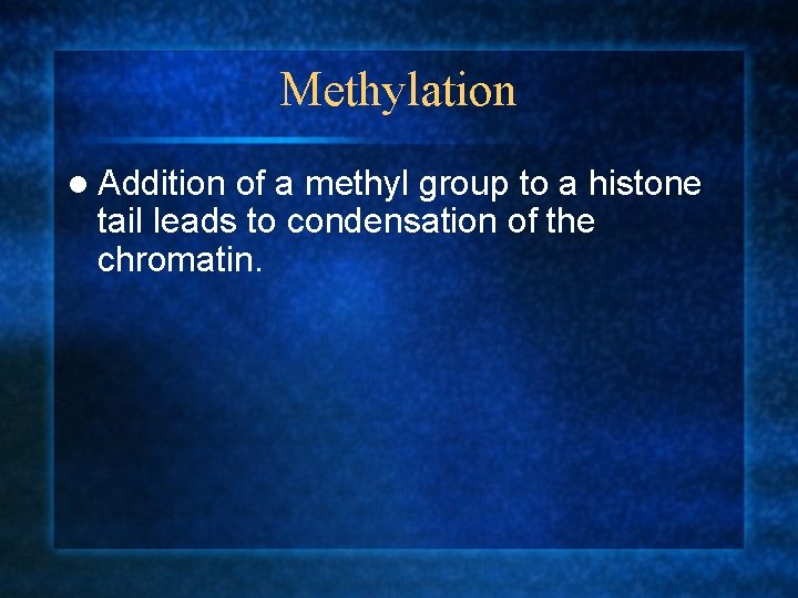 Methylation l Addition of a methyl group to a histone tail leads to condensation