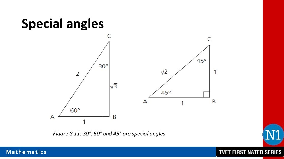 Special angles Figure 8. 11: 30°, 60° and 45° are special angles Mathematics 