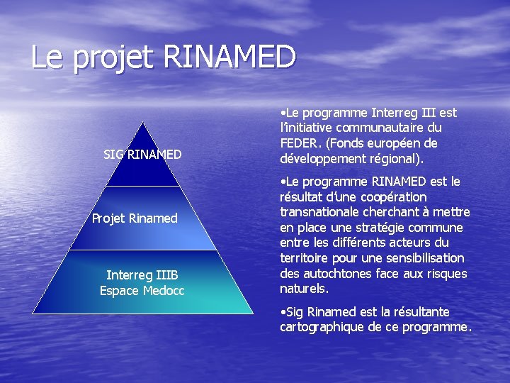 Le projet RINAMED SIG RINAMED Projet Rinamed Interreg IIIB Espace Medocc • Le programme