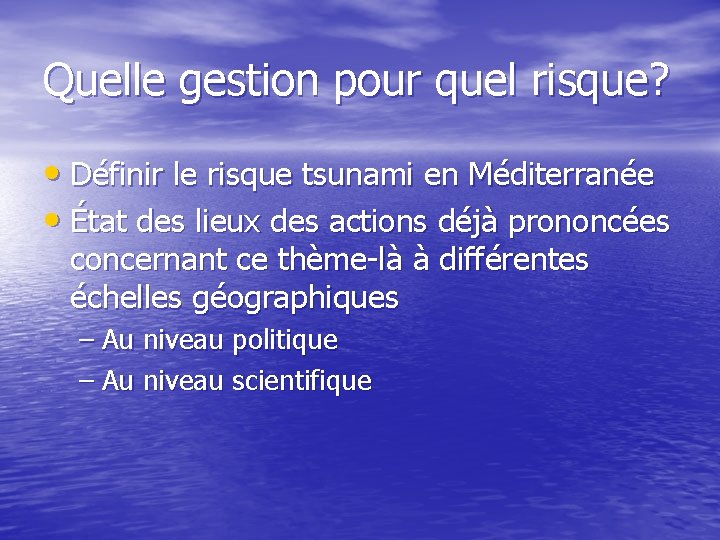 Quelle gestion pour quel risque? • Définir le risque tsunami en Méditerranée • État