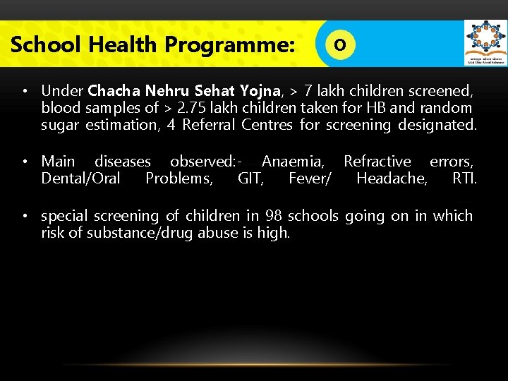 School Health Programme: O LOGO • Under Chacha Nehru Sehat Yojna, > 7 lakh