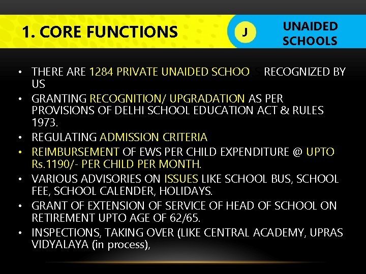 1. CORE FUNCTIONS J UNAIDED SCHOOLS LOGO • THERE ARE 1284 PRIVATE UNAIDED SCHOOLS
