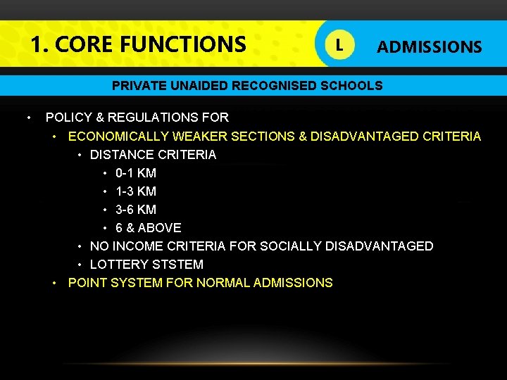 1. CORE FUNCTIONS L LOGO ADMISSIONS PRIVATE UNAIDED RECOGNISED SCHOOLS • POLICY & REGULATIONS