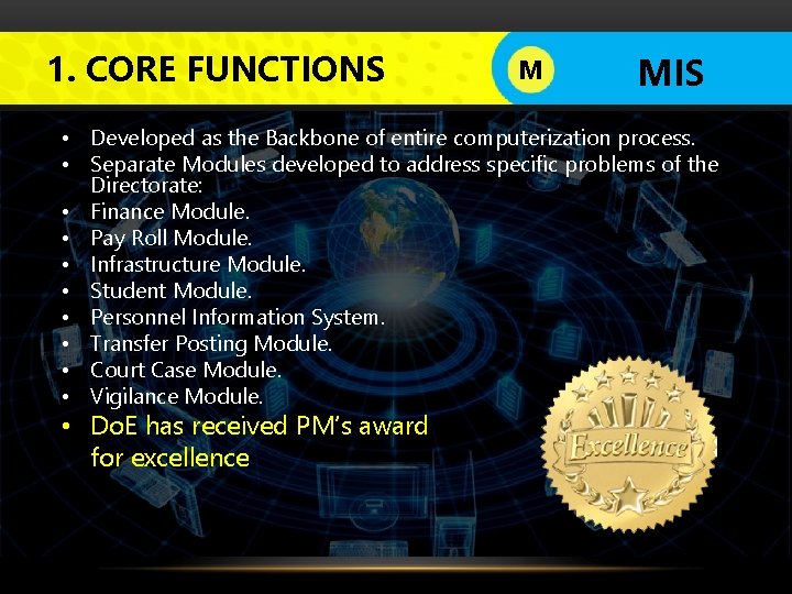 1. CORE FUNCTIONS M LOGO MIS • Developed as the Backbone of entire computerization
