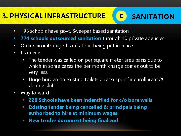 3. PHYSICAL INFRASTRUCTURE E SANITATION 195 schools have govt. Sweeper based sanitation 774 schools