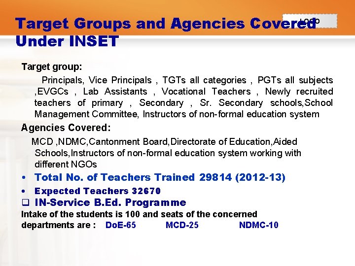 LOGO Target Groups and Agencies Covered Under INSET Target group: Principals, Vice Principals ,