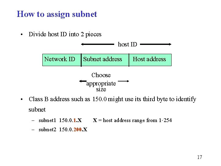 How to assign subnet • Divide host ID into 2 pieces host ID Network