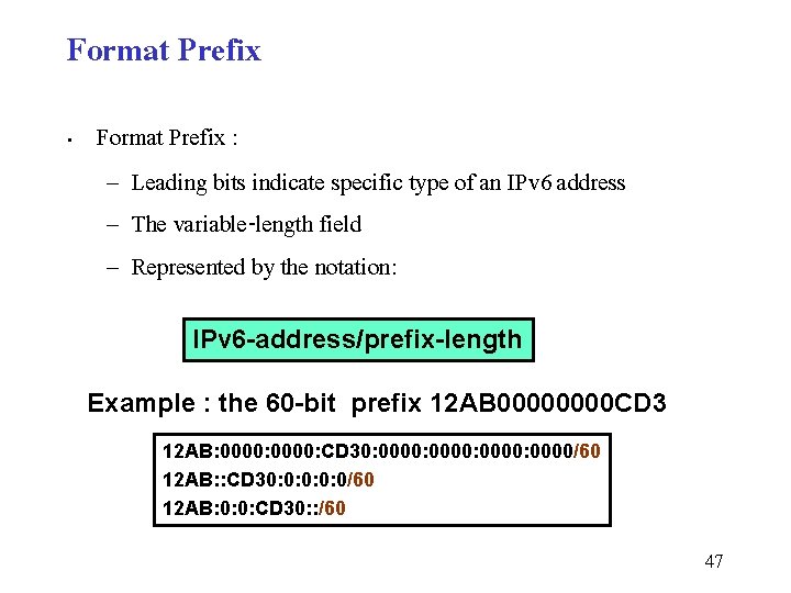 Format Prefix • Format Prefix : – Leading bits indicate specific type of an