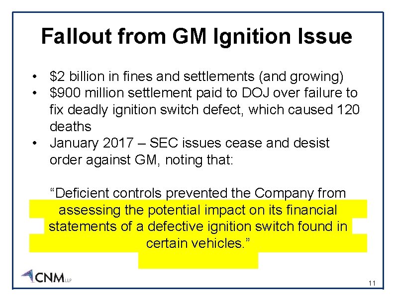Fallout from GM Ignition Issue • $2 billion in fines and settlements (and growing)