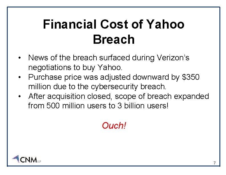 Financial Cost of Yahoo Breach • News of the breach surfaced during Verizon’s negotiations