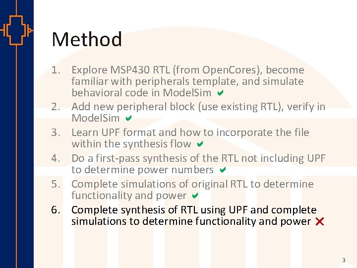 Method st Robu Low er Pow VLSI 1. Explore MSP 430 RTL (from Open.