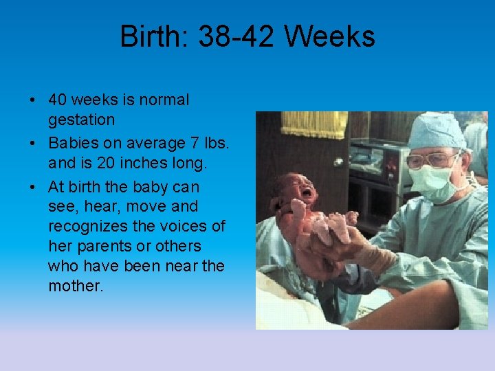 Birth: 38 -42 Weeks • 40 weeks is normal gestation • Babies on average