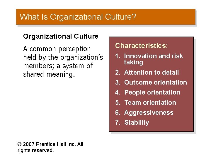 What Is Organizational Culture? Organizational Culture A common perception held by the organization’s members;