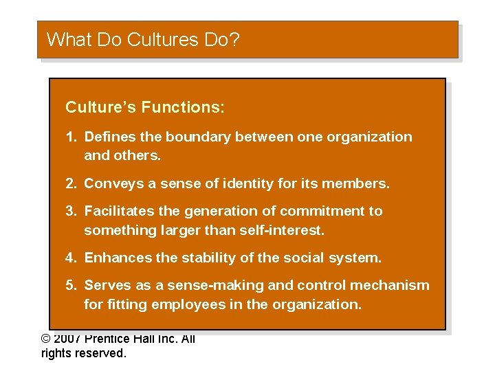 What Do Cultures Do? Culture’s Functions: 1. Defines the boundary between one organization and