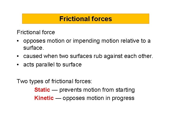 Frictional forces Frictional force • opposes motion or impending motion relative to a surface. Frictional forces Frictional force • opposes motion or impending motion relative to a surface.