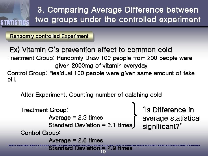 STATISTICS 3. Comparing Average Difference between two groups under the controlled experiment Randomly controlled
