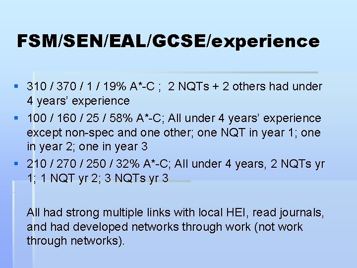 FSM/SEN/EAL/GCSE/experience § 310 / 370 / 19% A*-C ; 2 NQTs + 2 others