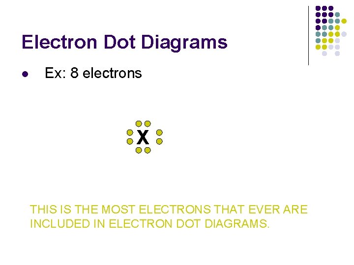 Electron Dot Diagrams l Ex: 8 electrons X THIS IS THE MOST ELECTRONS THAT
