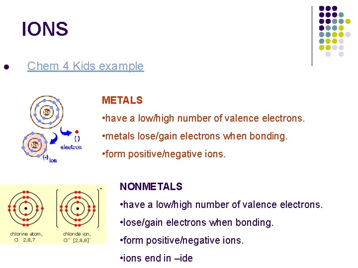 IONS l Chem 4 Kids example METALS • have a low/high number of valence