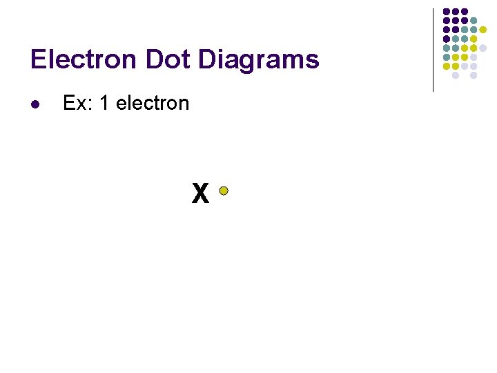 Electron Dot Diagrams l Ex: 1 electron X 