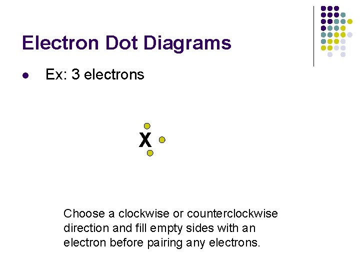 Electron Dot Diagrams l Ex: 3 electrons X Choose a clockwise or counterclockwise direction