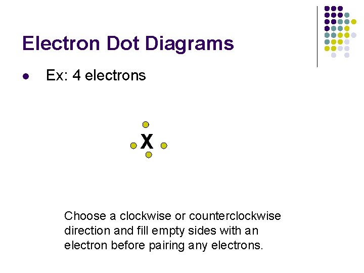 Electron Dot Diagrams l Ex: 4 electrons X Choose a clockwise or counterclockwise direction